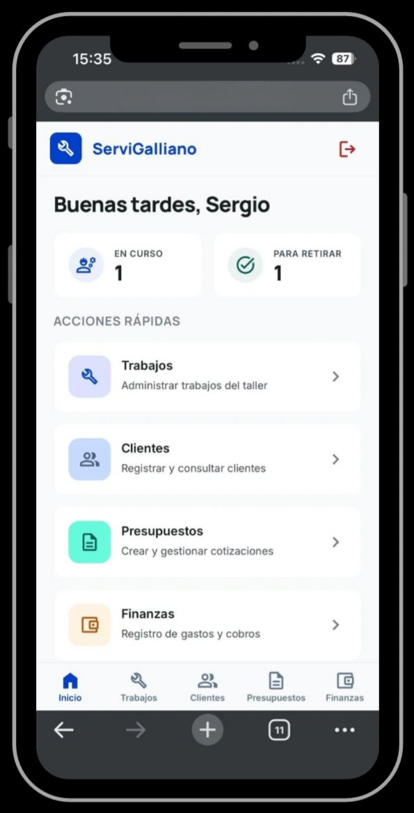 Home del sistema de gestión interno de ServiGalliano