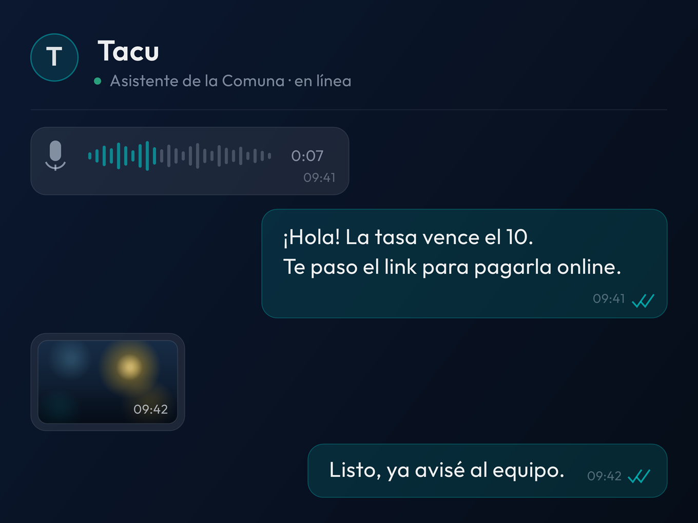 Conversación de WhatsApp con Tacu, el asistente de la Comuna de Tacural